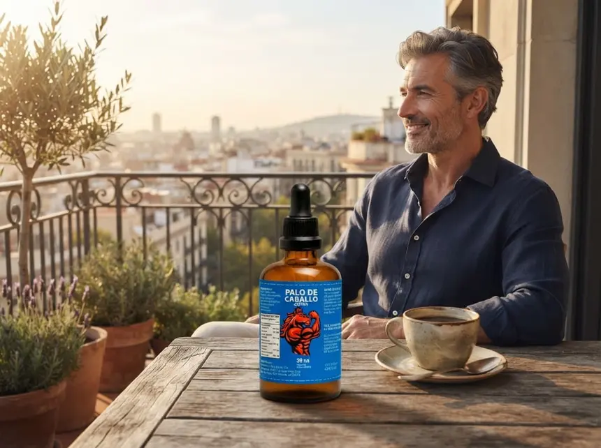 Hombre despertando con energía por la mañana — vitalidad con Palo de Caballo