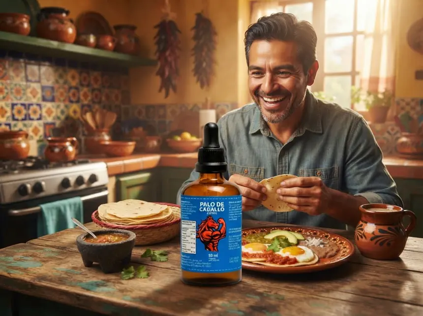 Hombre desayunando tranquilo en casa — pedido recibido sin complicaciones