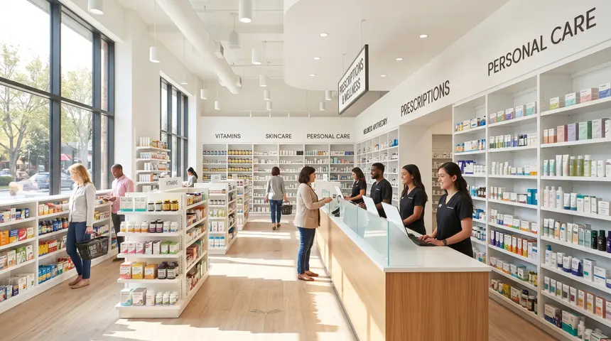 Interior de una farmacia en México — surtido estándar de mostrador