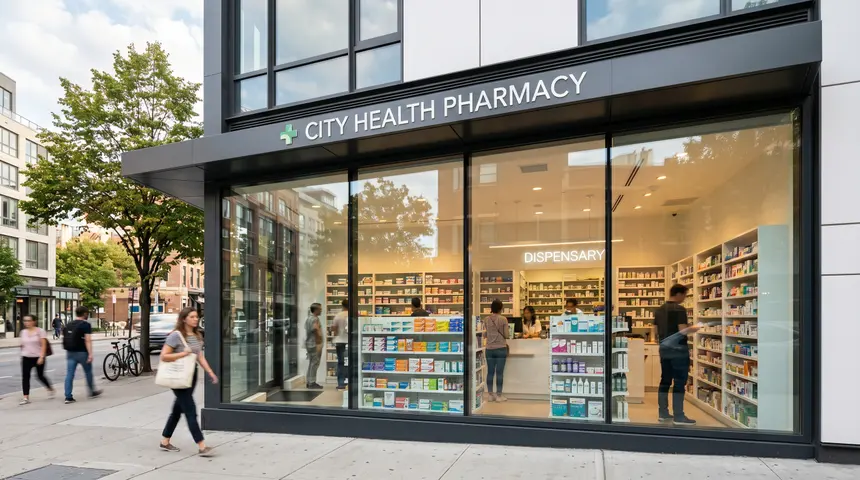 Interior de una farmacia en México — surtido estándar de mostrador