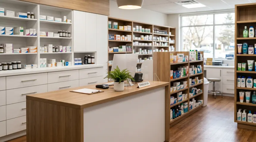 Interior de una farmacia en México — surtido estándar de mostrador