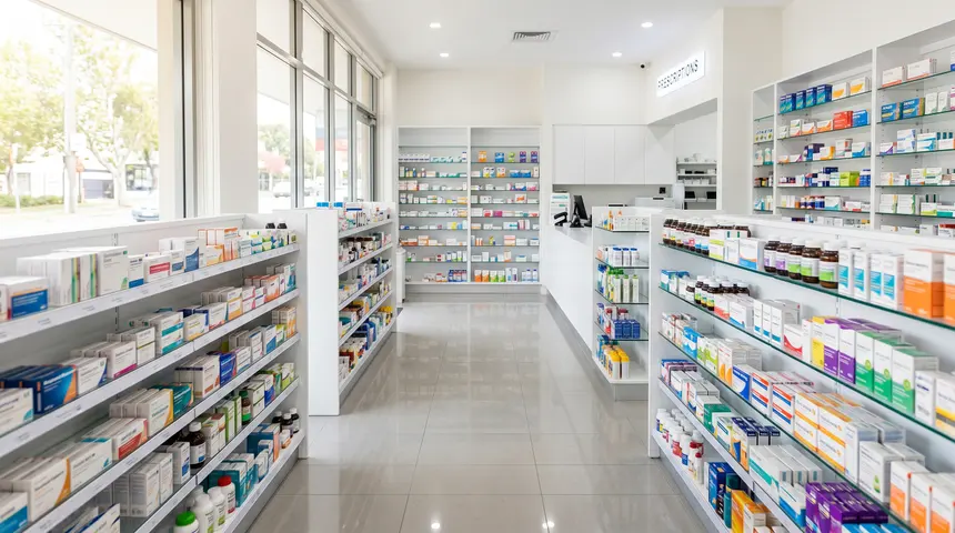 Interior de una farmacia en México — surtido estándar de mostrador